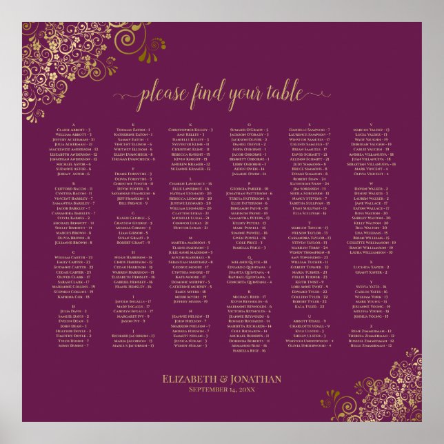Cassis Purple Gold Lace Alphabetical Seating Chart (Front)