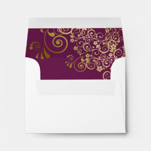 Cassis Purple Gold Lace Inside White Wedding RSVP Envelope
