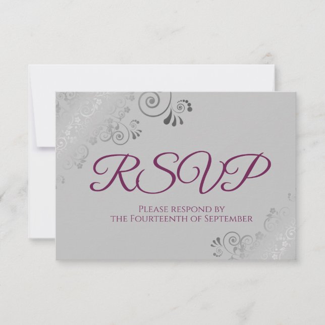 Cassis Purple on Grey Elegant Silver Lace Wedding RSVP Card (Front)