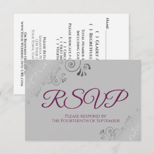 Cassis Purple on Grey Elegant Silver Lace Wedding RSVP Card