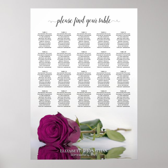 Cassis Purple Rose 20 Table Wedding Seating Chart (Front)