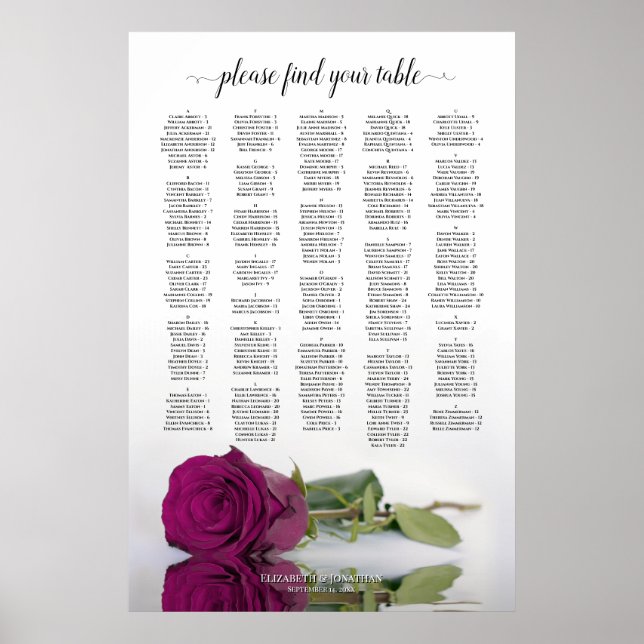 Cassis Purple Rose Alphabetical Seating Chart (Front)