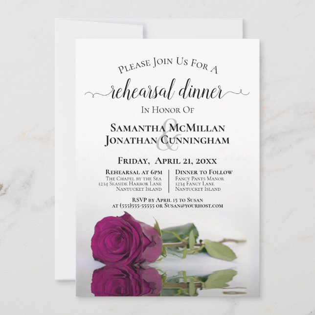 Cassis Purple Rose Wedding Rehearsal Dinner Invitation (Front)