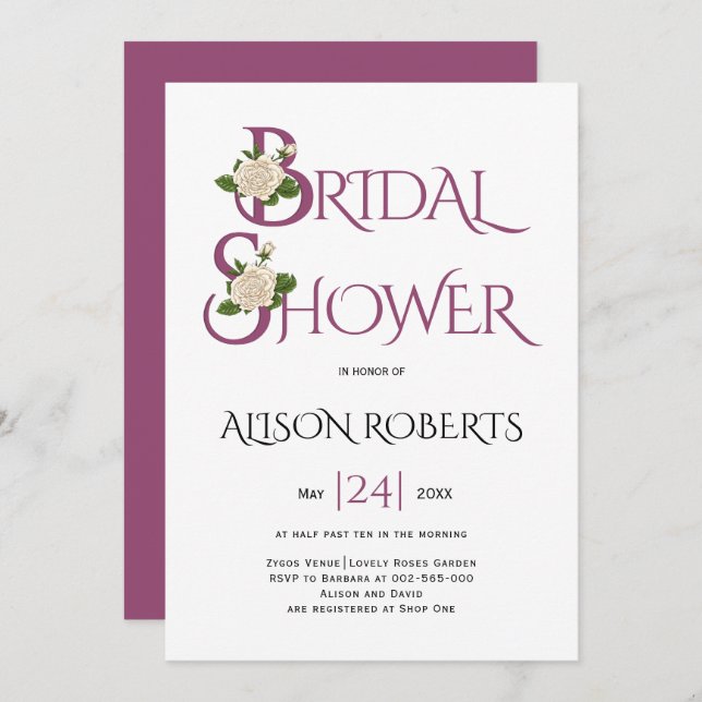 Cassis purple typography and rose bridal shower invitation (Front/Back)