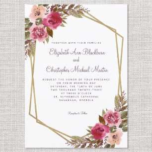 Cassis Purple Wedding Gold Frame Watercolor Floral Invitation