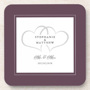 Cassis Purple Wedding Mr & Mrs Elegant Chic Hearts Coaster