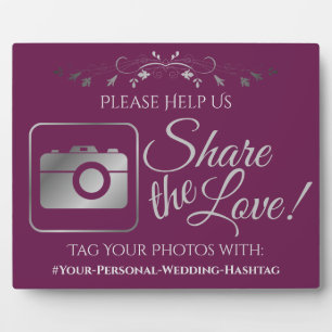 Cassis & Silver Wedding Photo Share Hashtag Sign Plaque