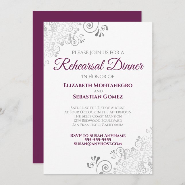 Cassis w/ Grey Curls Wedding Rehearsal Dinner Invitation (Front/Back)