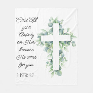 Cast All your Anxiety on Him Eucalyptus Cross Fleece Blanket