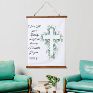 Cast All your Anxiety on Him Eucalyptus Cross Hanging Tapestry