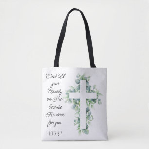 Cast All your Anxiety on Him Eucalyptus Cross Tote Bag