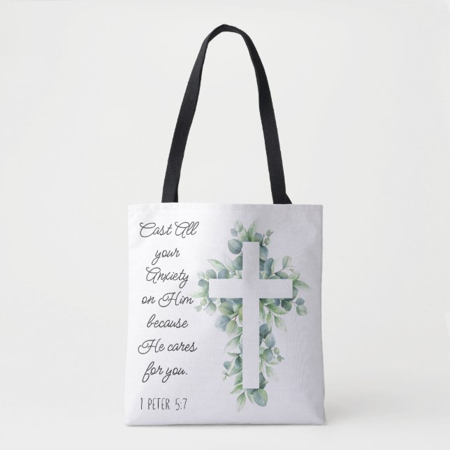 Cast All your Anxiety on Him Eucalyptus Cross Tote Bag (Front)
