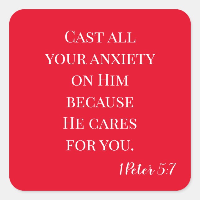 Cast Your Anxiety Scripture Red White Square Sticker (Front)