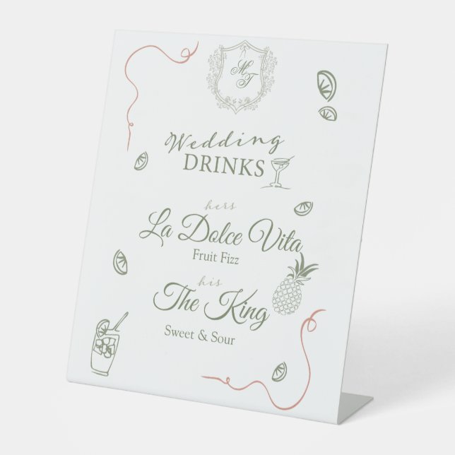 Caste Wedding Monogram Drinks Menu Pedestal Sign (Front)
