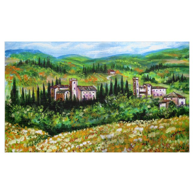 CASTELS IN CHIANTI LANDSCAPE ,YELLOW FLOWER FIELDS FABRIC (Yard)