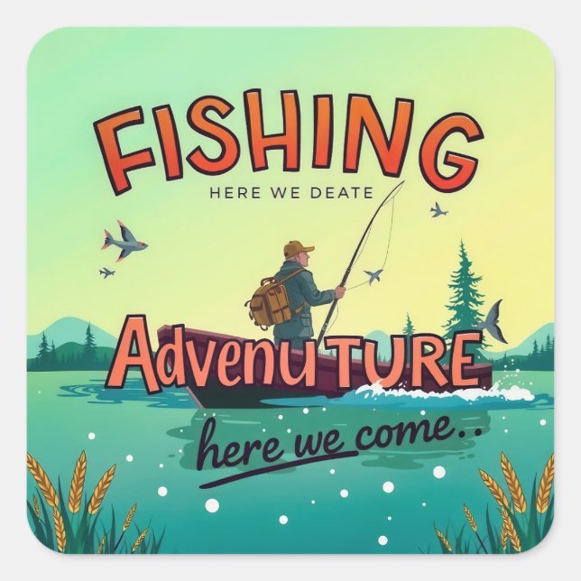 Casting into Adventure: A Fishing Expedition Await Square Sticker (Front)