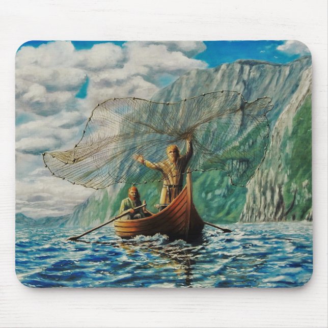 Casting of the net, Viking men in bost net fishing Mouse Pad (Front)