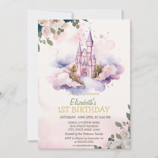 Castle Clouds Flowers Polka Dots Birthday   Invitation (Front)