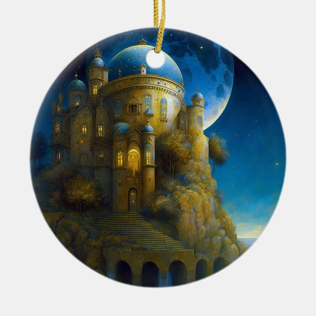 Castle Fantasy Moon Landscape Ceramic Tree Decoration (Front)