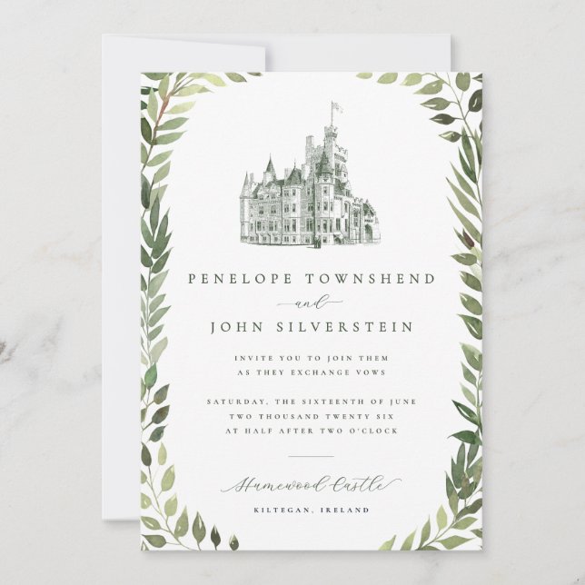 Castle Illustration Greenery Border Wedding Invitation (Front)