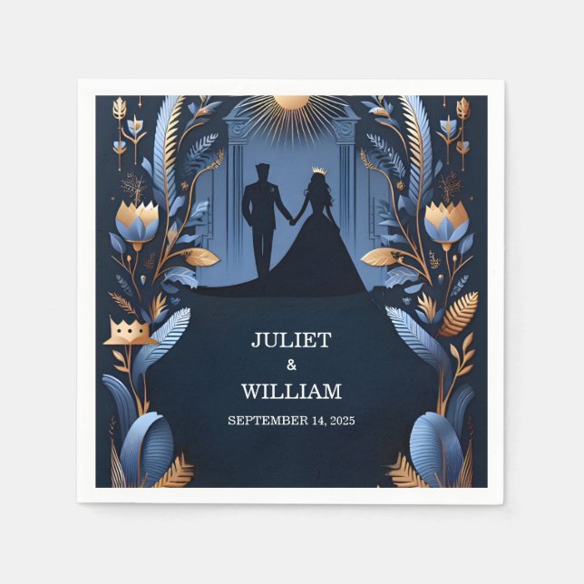 Castle Luxury Fuchsia Crown Royal Blue Wedding Napkin (Front)