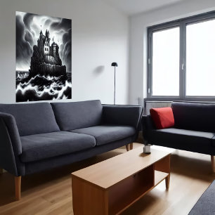 Castle on rock in stormy sea   AI Art Poster