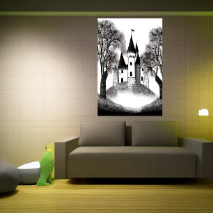 Castle on the hill black and white sketch   AI Art Poster