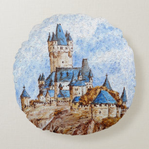Castle on the River Rhine Round Cushion
