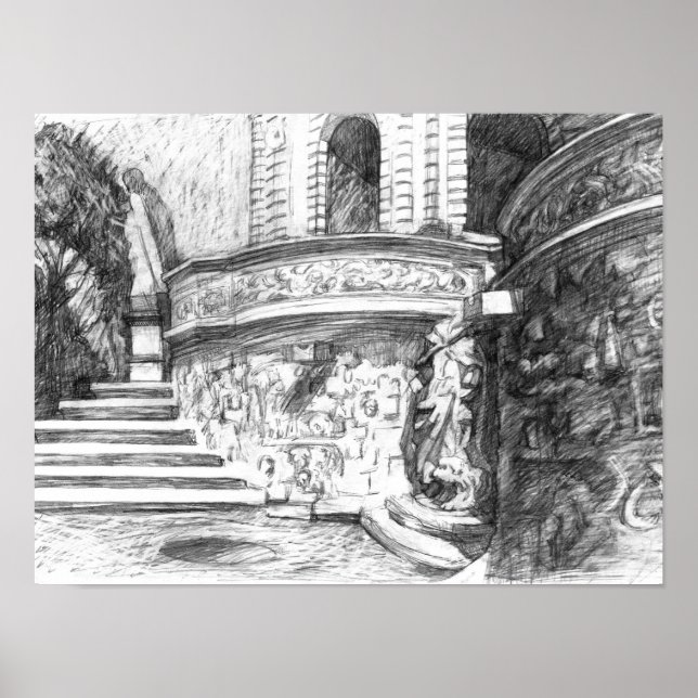 Castle pencilart  Monochrome Black & White Poster (Front)