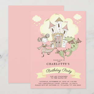 Castle Princess Dragon Girl's Pink Birthday Invitation