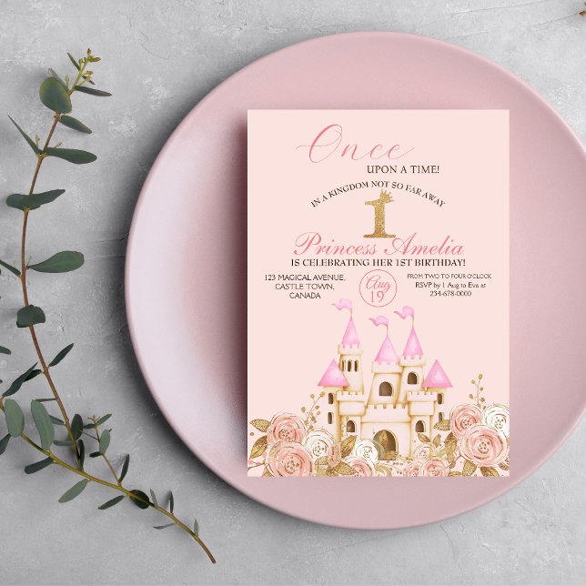  Castle Princess Pink and Gold 1st Birthday Party Invitation (Creator Uploaded)