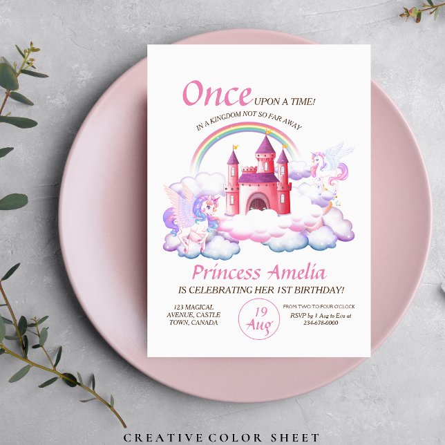 Castle Princess Pink Unicorns 1st Magical Birthday Invitation (Creator Uploaded)