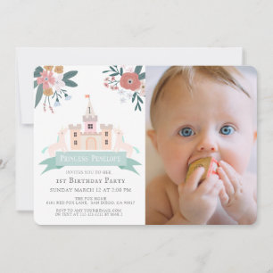 Castle Princess Unicorn Floral 1st Birthday Photo Invitation