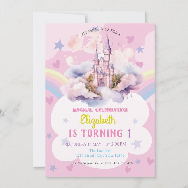 Castle Rainbow Hearts Stars Birthday Invitation (Front)