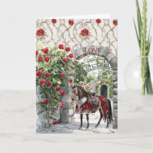 Castle Red Royal Romantic Roses Horse Card