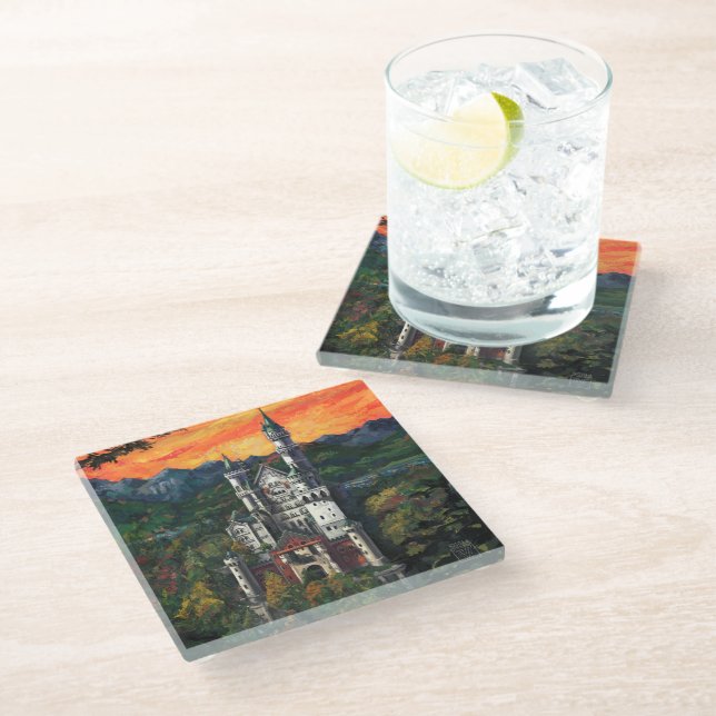 Castle Schloss Neuschwanstein Art Glass Coaster (Angled)