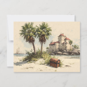 Castle With Palm Trees and Hidden Treasure Chest Postcard