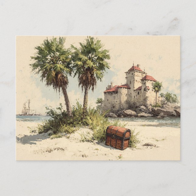 Castle With Palm Trees and Hidden Treasure Chest Postcard (Front)