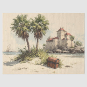 Castle With Palm Trees and Hidden Treasure Chest Tissue Paper