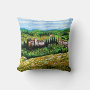 CASTLES IN CHIANTI LANDSCAPE ,YELLOW FLOWER FIELDS CUSHION