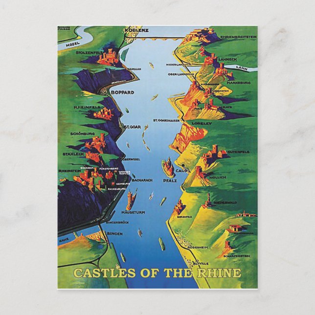 Castles on the Rhine river, Germany, vintage Postcard (Front)