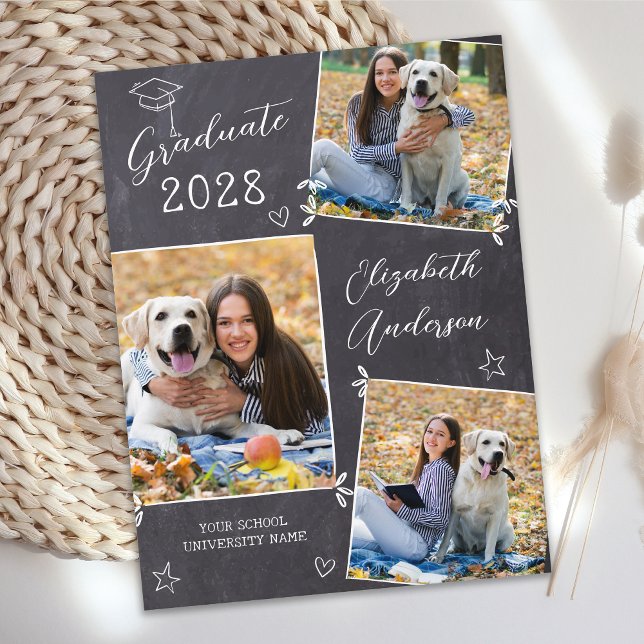 Casual 3 Photo Chalkboard Doodle Graduation Announcement Postcard (Creator Uploaded)