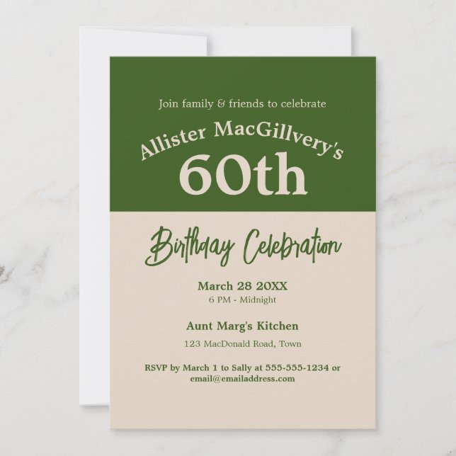 Casual 60th Birthday Invitation for Him - Green (Front)