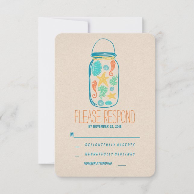 Casual beach mason jar wedding RSVP Card (Front)