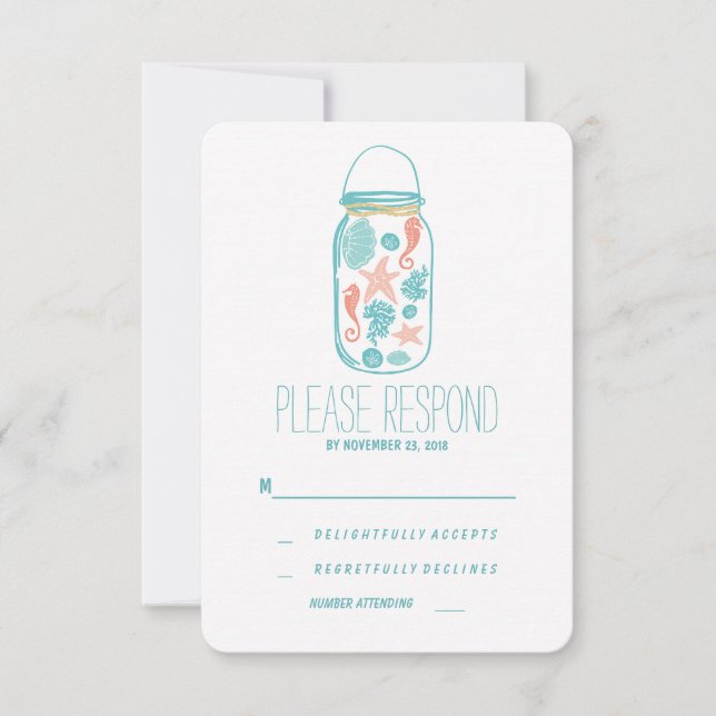 Casual beach mason jar wedding RSVP Card (Front)