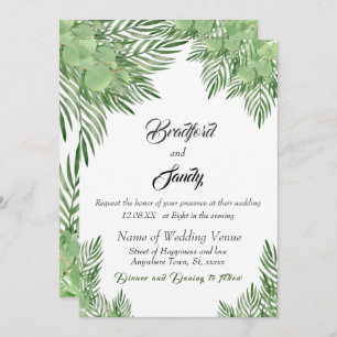 Casual Beach Wedding Green Eucalyptus Palm leaves Invitation