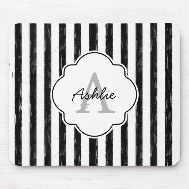 Casual Black Painted Stripes Monogram and Name Mouse Pad (Front)