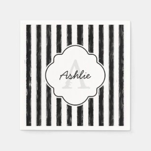 Casual Black Painted Stripes Monogram and Name Napkin