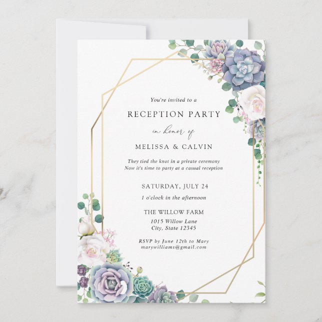 Casual Boho Succulent Wedding Reception Invitation (Front)