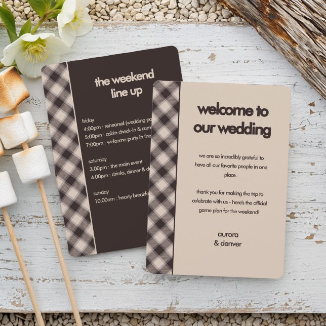 Casual Brown Plaid  Weekend Wedding Itinerary Card (Weekend Wedding Itinerary from the Casual Brown Plaid wedding collection by Darling & May)